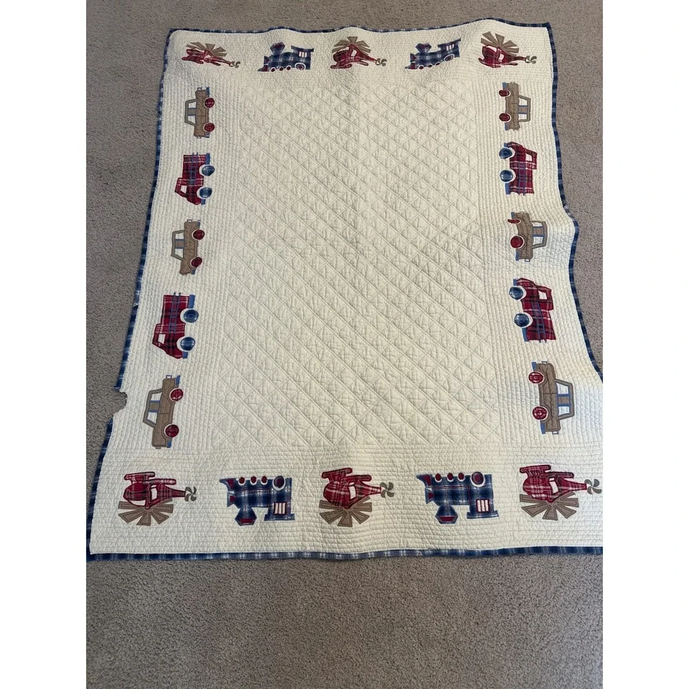 Bacati Collections Transportation Baby Quilt Blue Red Plaid Trains Cars Cream